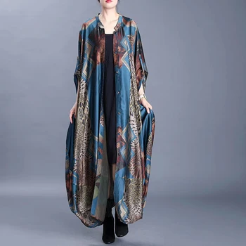 

2020 Spring New Model National Style Large Size Mid-Length Thin Coat Printed Silk Long Elegant Windbreaker Women