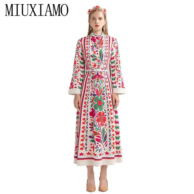 

MIUXIMAO 2019 Fall Full Sleeve Dress Fashion Runway Floral Print Vintage Elegant Long Dress Women vestidos With Belt