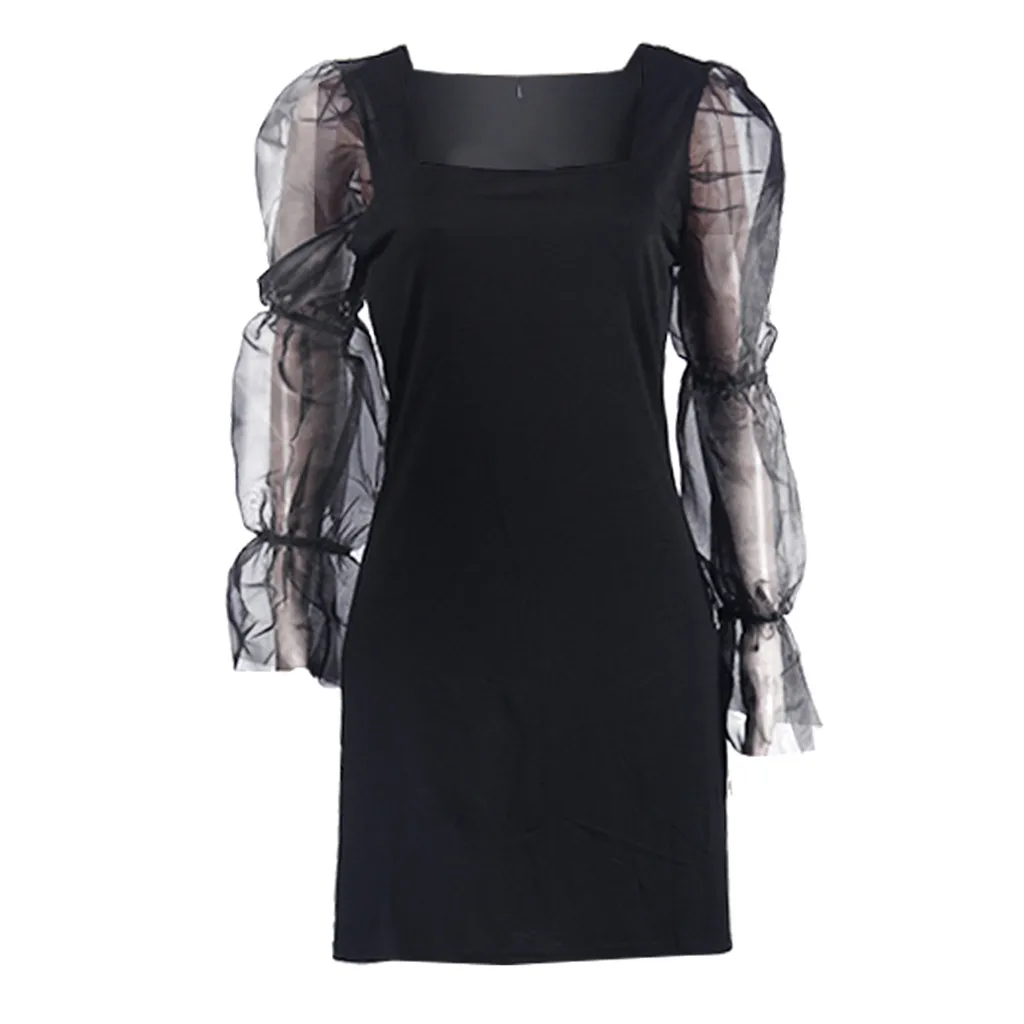 Женское платье,, ropa mujer, платья для вечеринок, vestidos, женское платье с квадратным воротником, одноцветное, с пышными рукавами, тонкое мини-платье