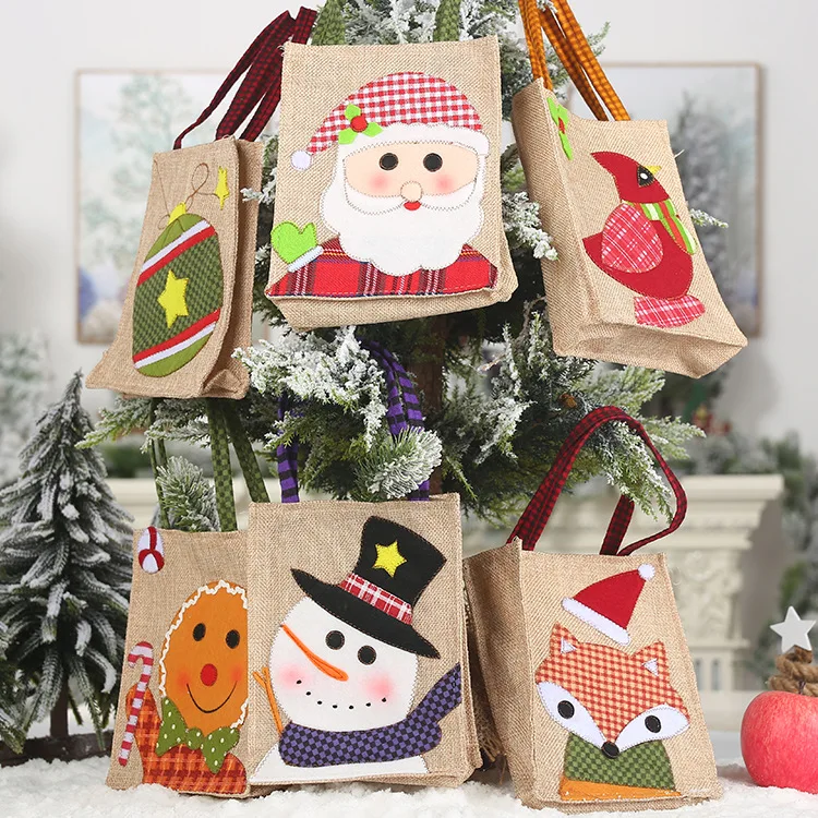 Новая льняная Подарочная сумка, Мультяшные конфетные сумки, Рождественский орнамент, сумка-тоут