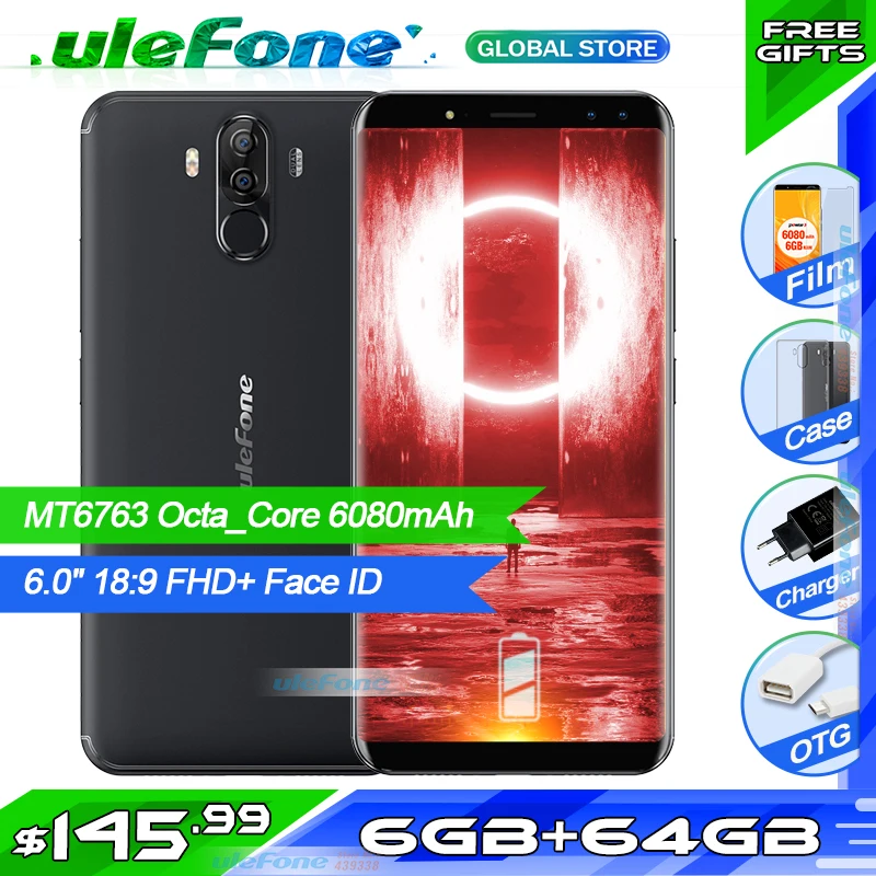 Ulefone power 3 MT6763 восьмиядерный смартфон 6 ГБ ОЗУ 64 Гб ПЗУ 6," 18:9 FHD+ 4 камеры Android 7,1 Face ID 6080 мАч мобильный телефон