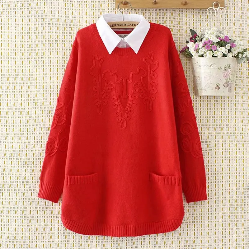 Neploe осень зима плюс размер свитер для женщин 4xl патч карманы повседневные поддельные две части рубашка-воротник трикотаж Pull Femme 46375 - Цвет: red