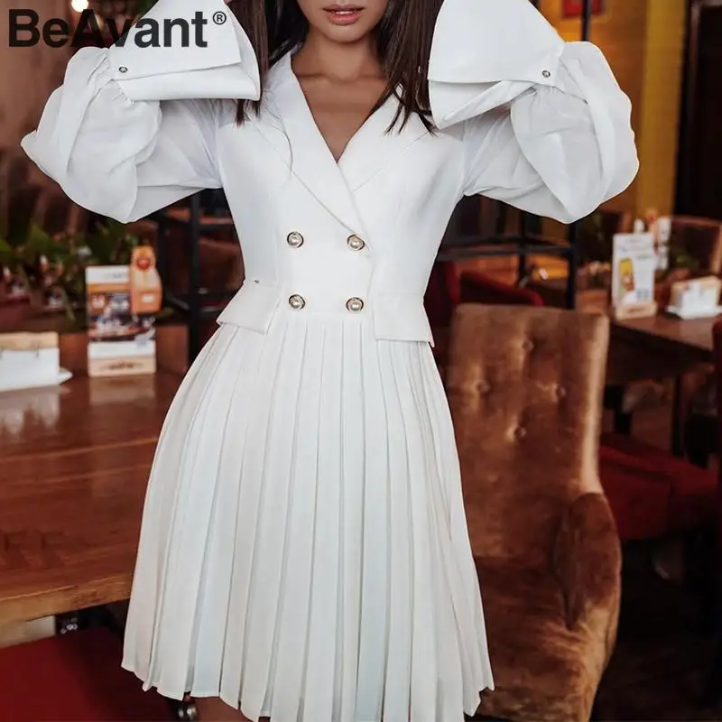 

BeAvant Elegant Chic Women White Dresses 2020 Spring Autumn Pleated Blazer Dress Ladies Lapel Dress Long Sleeve Dress Vestidos