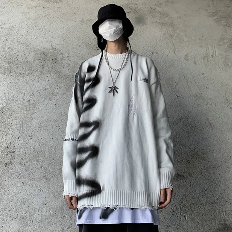 Mens Hip Hop Destroy Ripped Holes Streetwear Graffiti Harajuku Sweater Vintage Retro Knitted Sweater New Casual Cotton Pullover