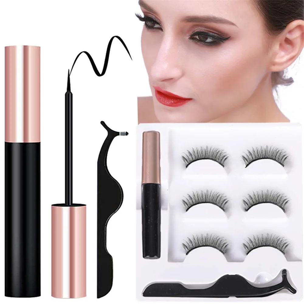 

3 Pairs Magnetic Eyelashes With 1 Pc Magnetic Eyeliner and Tweezer Set Makeup Beauty Extension Tool 3D Mink Hair False Eyelashes