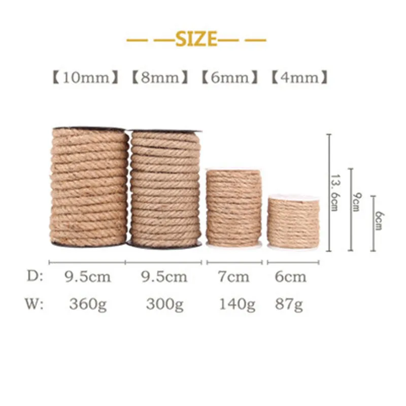 10M Natural Brown Sisal Rope For Cat Climbing Frame DIY Hand-Made Jute Rope Lamp Decoration Rope Binding Hemp Ropes Packaging 10M Natural Brown Sisal Rope For Cat Climbing Frame DIY Hand-Made Jute Rope Lamp Decoration Rope Binding Hemp Ropes Packaging