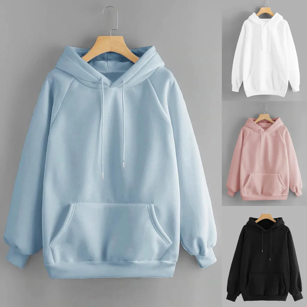 Women's Casual Sweatshirts Black/Whgite Solid Color Long Sleeve Print Pullover Pocket Hoodies Autumn Winter Keep Warm Hoodies 1