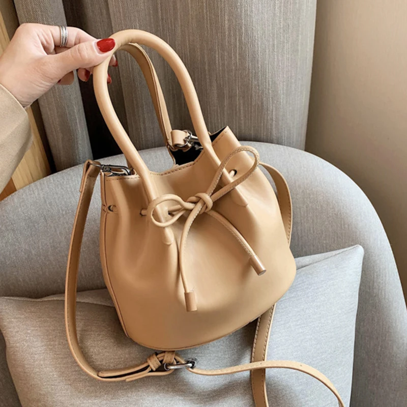 

Casual String Bucket Bag Top-handle Women's Handbag Fashion Solid Color Shoulder Bag Lady PU Leather Bags for Women 2020 Purses