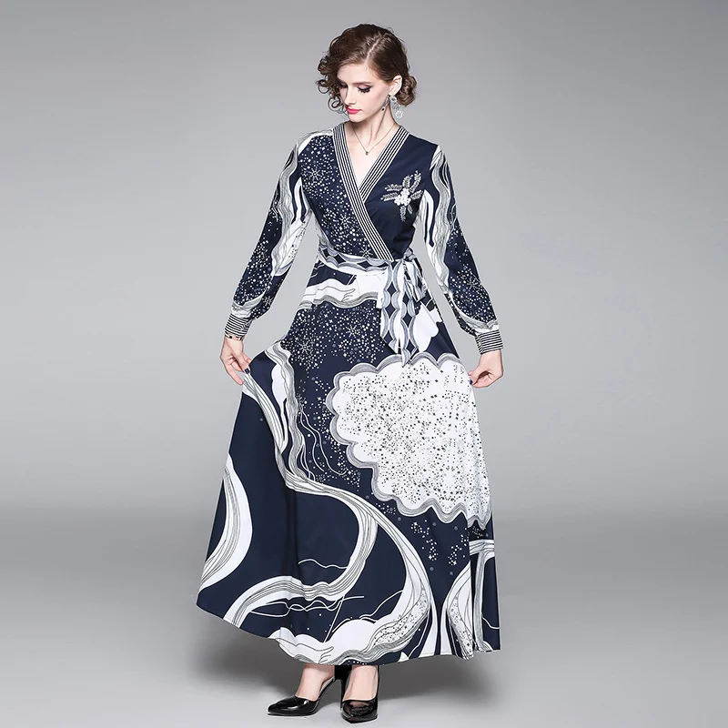 

Spring Fall Leopard Print Maxi Dress 2020 New Fashion Women Long Sleeve V-neck Belt Bow Dress Vintage Floral Printed Long Dress
