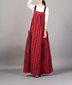 

Original Large Size Women's Red Plaid Printed Suspender Dress Vintage Loose Spaghettl Strap Long Maxi Cotton Linen Dresses