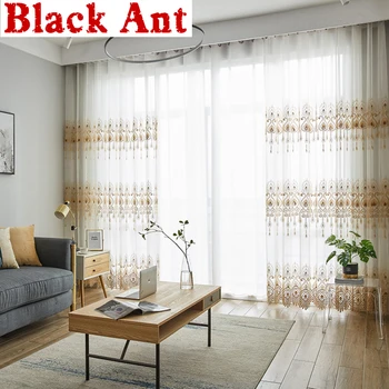 

Europe Luxury Sheer Curtain for Living Room Beige Tulle Drape Embroidery Voile Curtain for Balcony Study Gauze Fabric X302#40