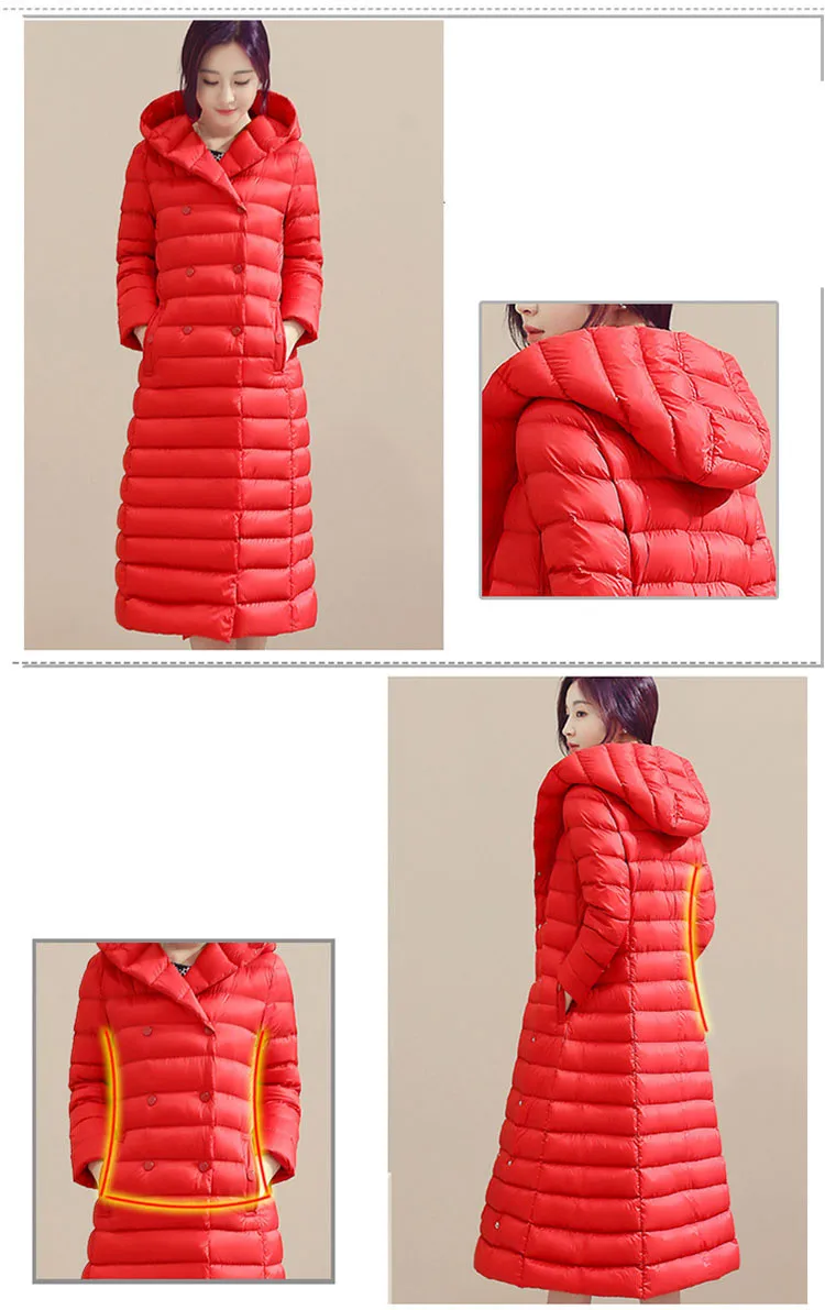 Осенне-зимняя женская куртка на утином пуху, парка с поясом, длинное пуховое пальто, женская ультра легкая верхняя одежда, пальто с капюшоном, большие размеры