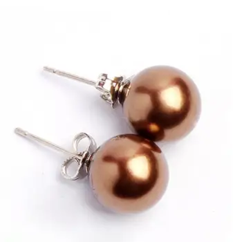 

Free shipping New 10mm Round Natural Coffee South Sea Shell Pearl 925 Sterling Silver Earrings