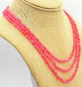 Beautiful 3 Rows Natural 4mm Faceted Pink Ruby Round Gems Beads Necklace 17-19''