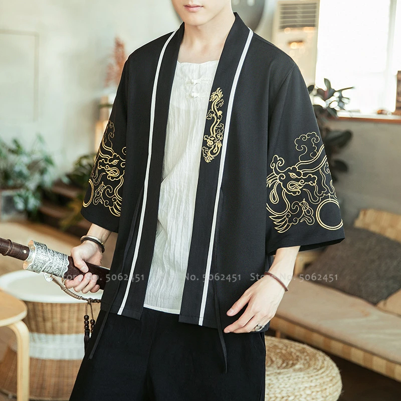 Пальто в китайском стиле в стиле ретро Hanfu, халаты, костюм «кун-фу Тан», мужские японские кимоно, кардиган, Yukata Haori, куртки с принтом дракона, уличная одежда - Цвет: 3