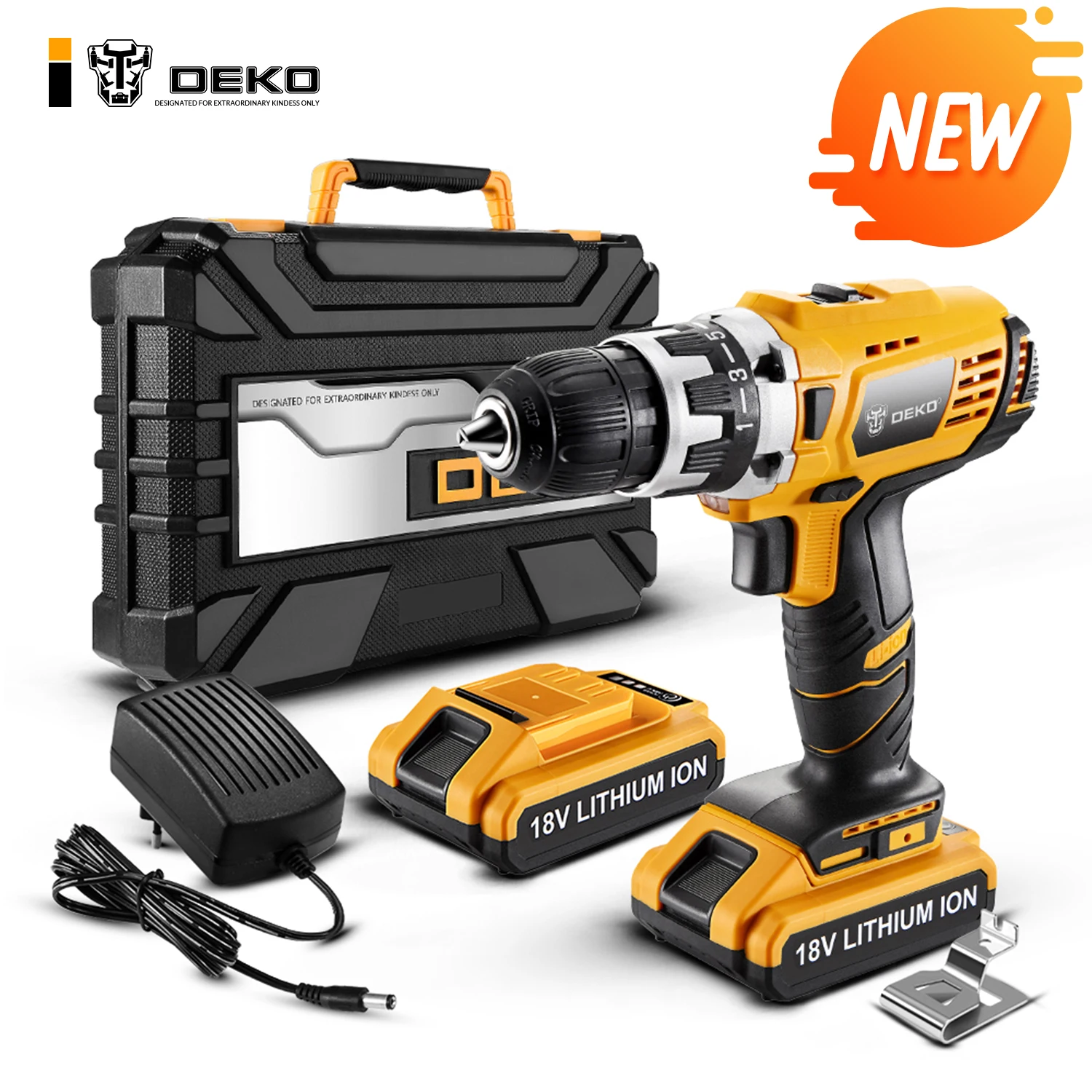 DEKO GCD18DU2 SET4 18 в DC литий-ионная аккумуляторная дрель с BMC коробкой 38 нм 2 скорости |