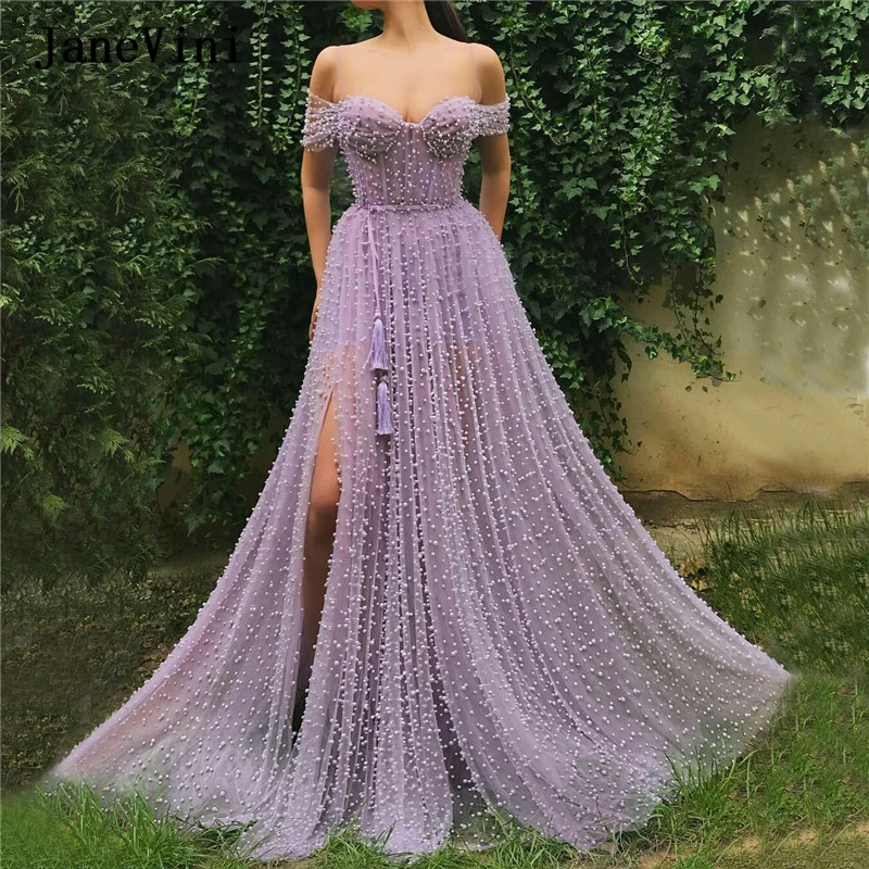 

JaneVini 2020 Luxury Purple Pearls A Line Prom Dress Tulle Dubai Latest Design Strapless Side Split Plus Size Sexy Prom Dresses