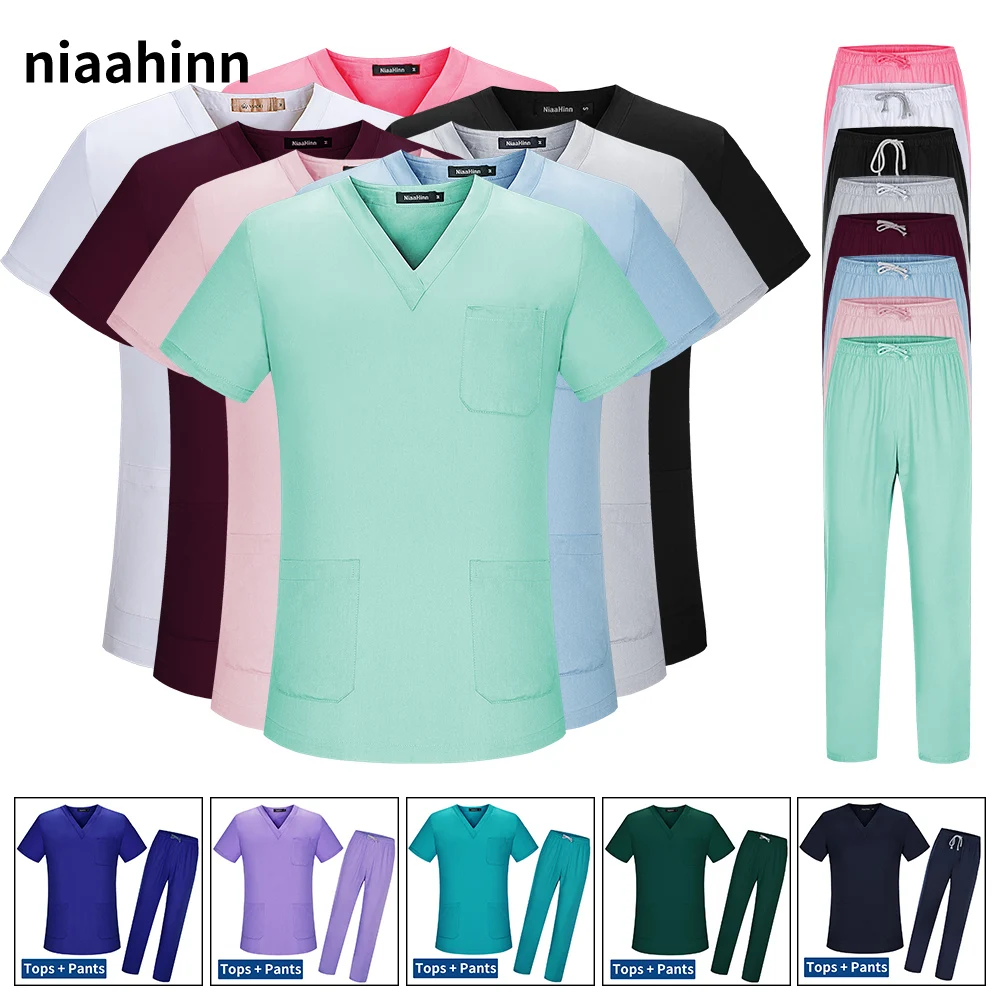 

New Women's Scrubs Set V-neck Medical Uniform Short Sleeve Surgical Scrub Uniform Laboratory Work Clothes Dentist Nurse Workwear