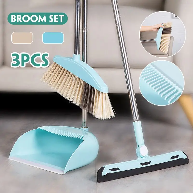 3 PCS Broom Dustpan Set With Fully Squeegee Clean Floor Dust Sweeper