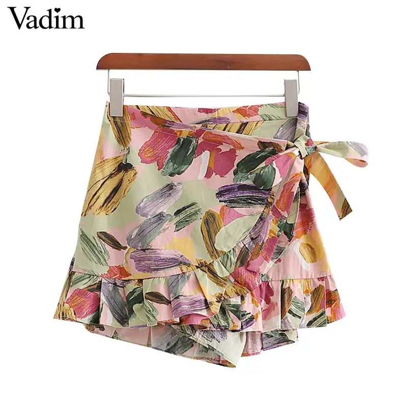 Vadim women fashion floral pattern shorts skirts ruffles bow tie elastic waist side zipper female sweet shorts SA183