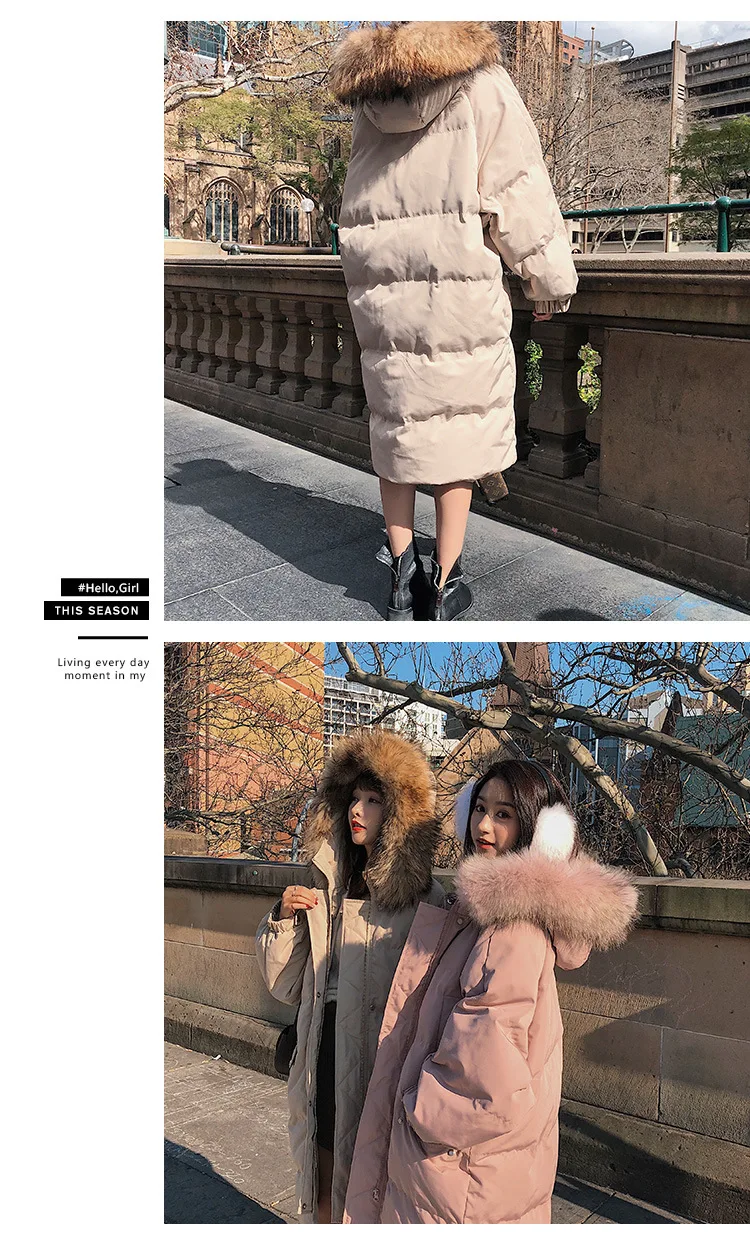 Photo Shoot Main Push CHIC Sweet Flesh Color over-the-Knee Long Hooded Large Fur Collar Best Friend down Coat Cotton Overcoat Wo