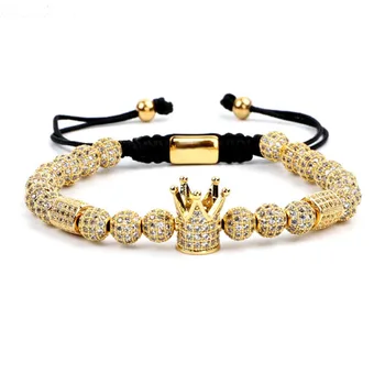 New Fashion Luxury CZ Micro Pave Ball Crown Charm Beads Custom Adjustable Macrame Bracelet Men Women