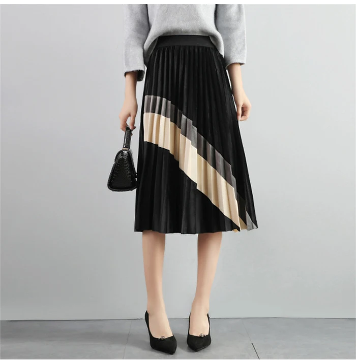 Черные бархатные юбки с высокой талией для женщин, Осень-зима, британский стиль, элегантная юбка миди в стиле пэчворк, Женские винтажные