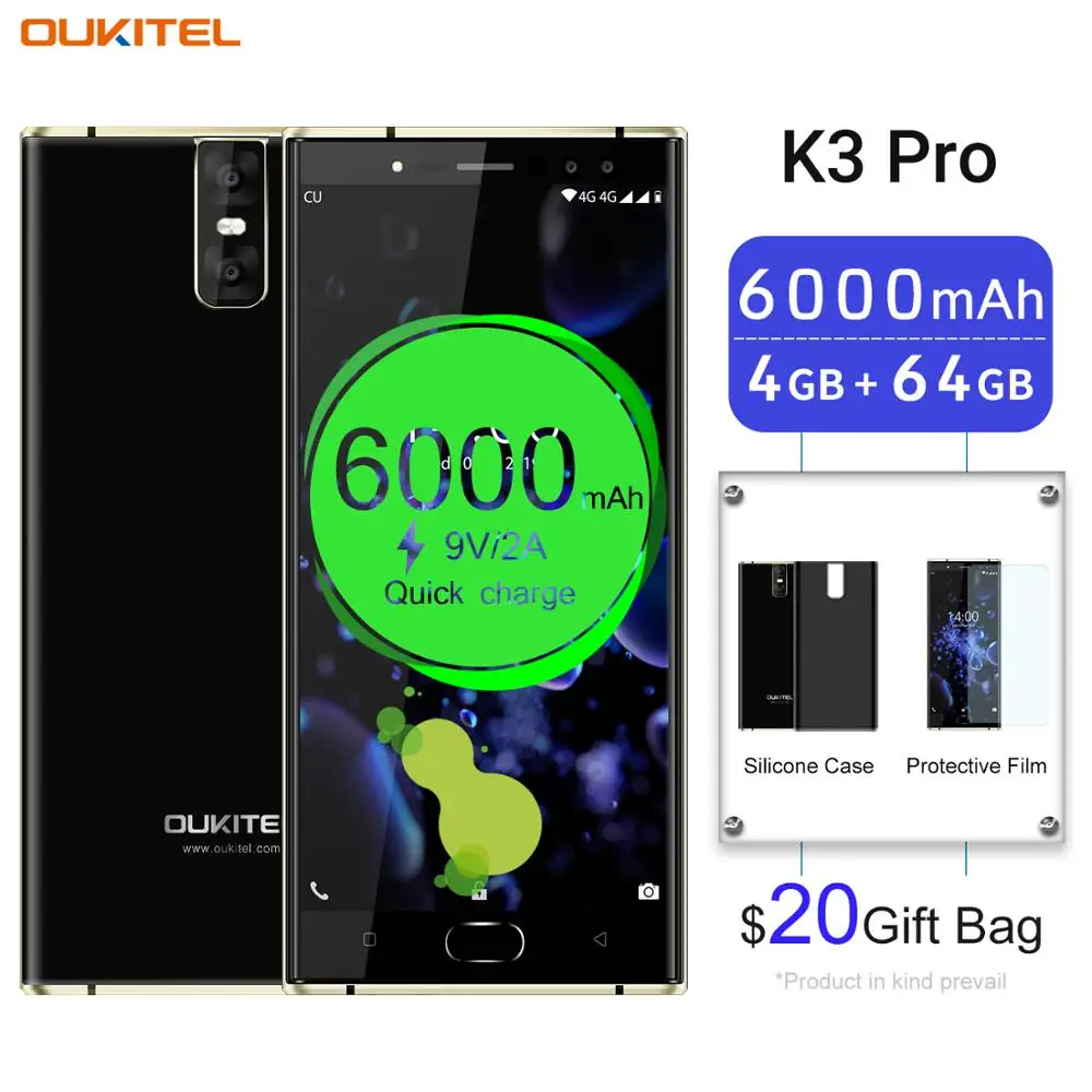 

Oukitel K3 Pro Smartphone Android 9.0 Octa Core 4GB RAM 64GB ROM 5.5 inch 6000mAh 4 Cameras 13MP+2MP Face ID Mobile Phone