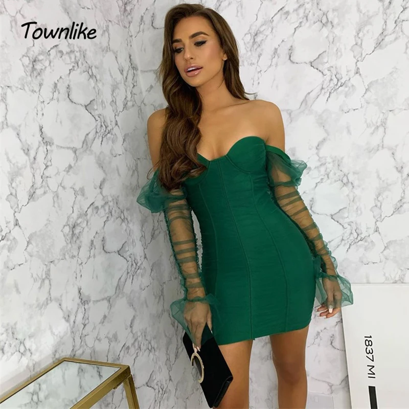 Сексуальное Сетчатое платье Townlike с длинным пышным рукавом и рюшами женское