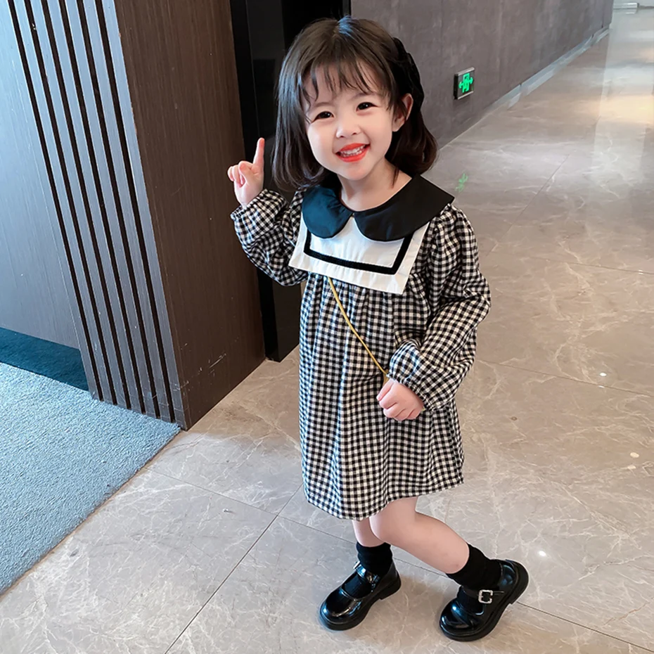 Toddler Girls Dress Plaid Pattern Girls Party Dress Casual Style Kids Dresses Spring Autumn Clothing