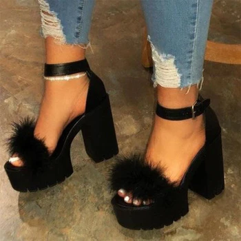 Woman Furry Sandals High Heels with Fur Female Platform Pumps Women Ankle Strap Women's Wedge Shoes 2021 Summer Dropshipping 1