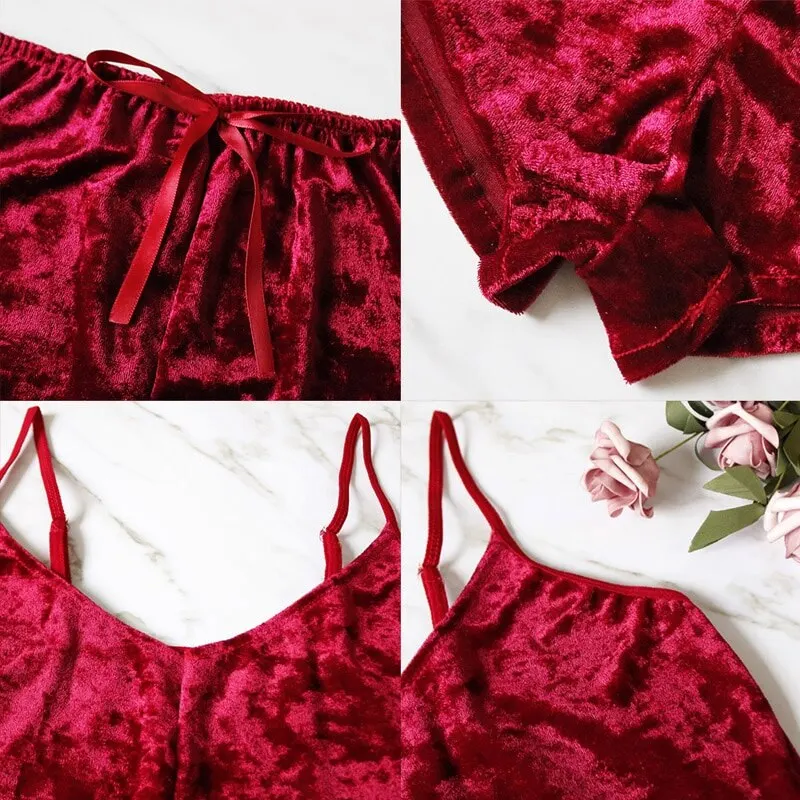 Sexy Velvet 2 Piece Outfit Strap Crop Top Shorts Set Elastic Short Pants Suit Lingerie Sets Ropa Interior Pyjamas Women