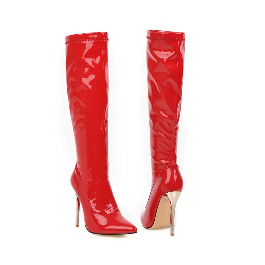 ENMAYER/ г. Зимние ботинки женские пикантные ботинки до середины икры из лакированной кожи на тонком высоком каблуке без шнуровки классическая женская обувь с острым носком 34-43 - Цвет: Красный