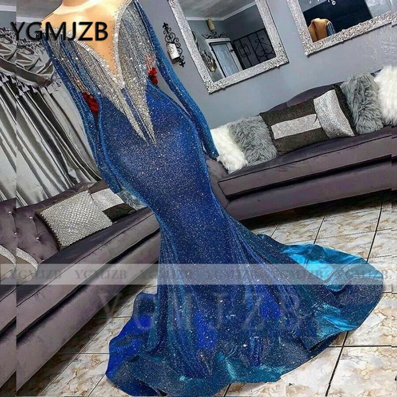 

Long Sleeve Mermaid Evening Dress 2020 V Neck Tassel Sparkly Sequin Evening Gowns Black Girls Formal Prom Gown Party Dress