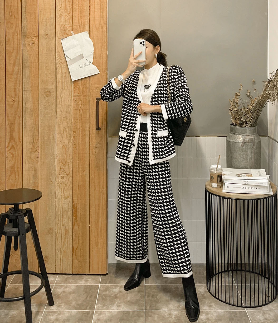 

Retro Houndstooth Knitted Women's Pants Suits V Neck Single-Breasted Coat Tops + High Waist Straight Full Length 2 Piece Sets