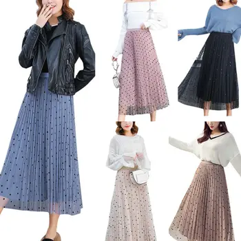 

Women Ladies Fashion Casual Skirt Tutu Tulle A line High Waist Solid Skirts Party Mid- Calf Pleated Skirt