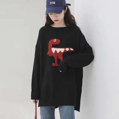 HF19288 Black H. SA, женские зимние шикарные свитера с длинным рукавом, Kawaii, вязаный джемпер оверсайз, уличная одежда, пуловеры с динозаврами, топы - Цвет: HF19288 Black