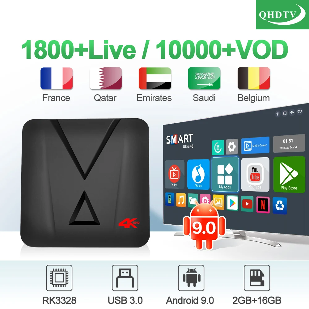 IP tv Франция арабский 1 год QHD tv Android 9,0 MX10 MINI 2G+ 16G USB3.0, Бельгия, Испания, арабский, Франция, Android iptv приставка