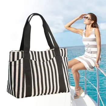 

Striped Casual Tote Women Canvas Handbag Casual Single Shoulder Shopping Bags Beach Zipper Large Bag Sac A Main
