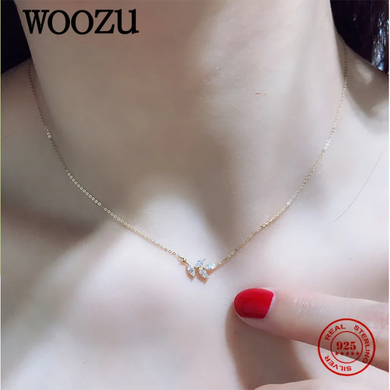 WOOZU Genuine 925 Sterling Silver Sweet Romantic CZ Zircon Branch Pendant Chain Charm Necklace for Women 14k Gold Plated Jewelry
