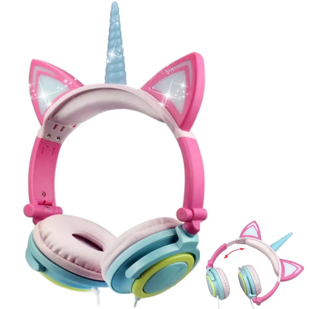 Unicorns Wired Headphones Funny Kids Headphone with Led Light Girl Gamer PC Earphone Foldable Music Gaming Overear Headset