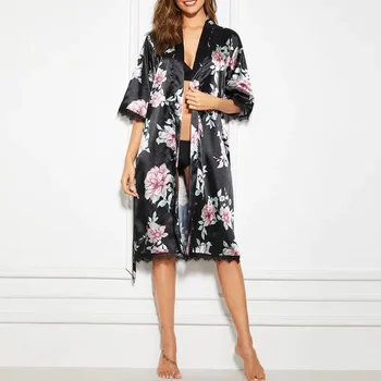 

Women Silk Satin Sleepwear Bathrobe Print Lace Pajamas Lingerie Bathrobe With Belt Sexy NightGown Lady Erotic Underwear Robe D35