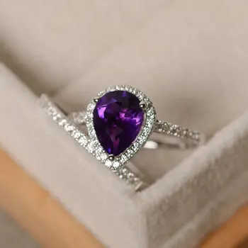 

New Product Beautiful Gorgeous Micro-set S925 Sterling Silver Drop-shaped Amethyst Light Luxury Classic Temperament Female Ring