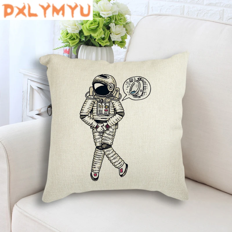 Throw Pillow Case Black White Astronaut Rocket Moon Bicycle Printed Cushion Cover for Sofa Linen Cotton Pillow Covers