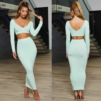 

2pcs Set Women Matching Clothing Set Bodycon Co-ord V Neck Long Sleeve Crop Top and Bodycon Maxi Skirt Set Sexy Two-Piece Outfit