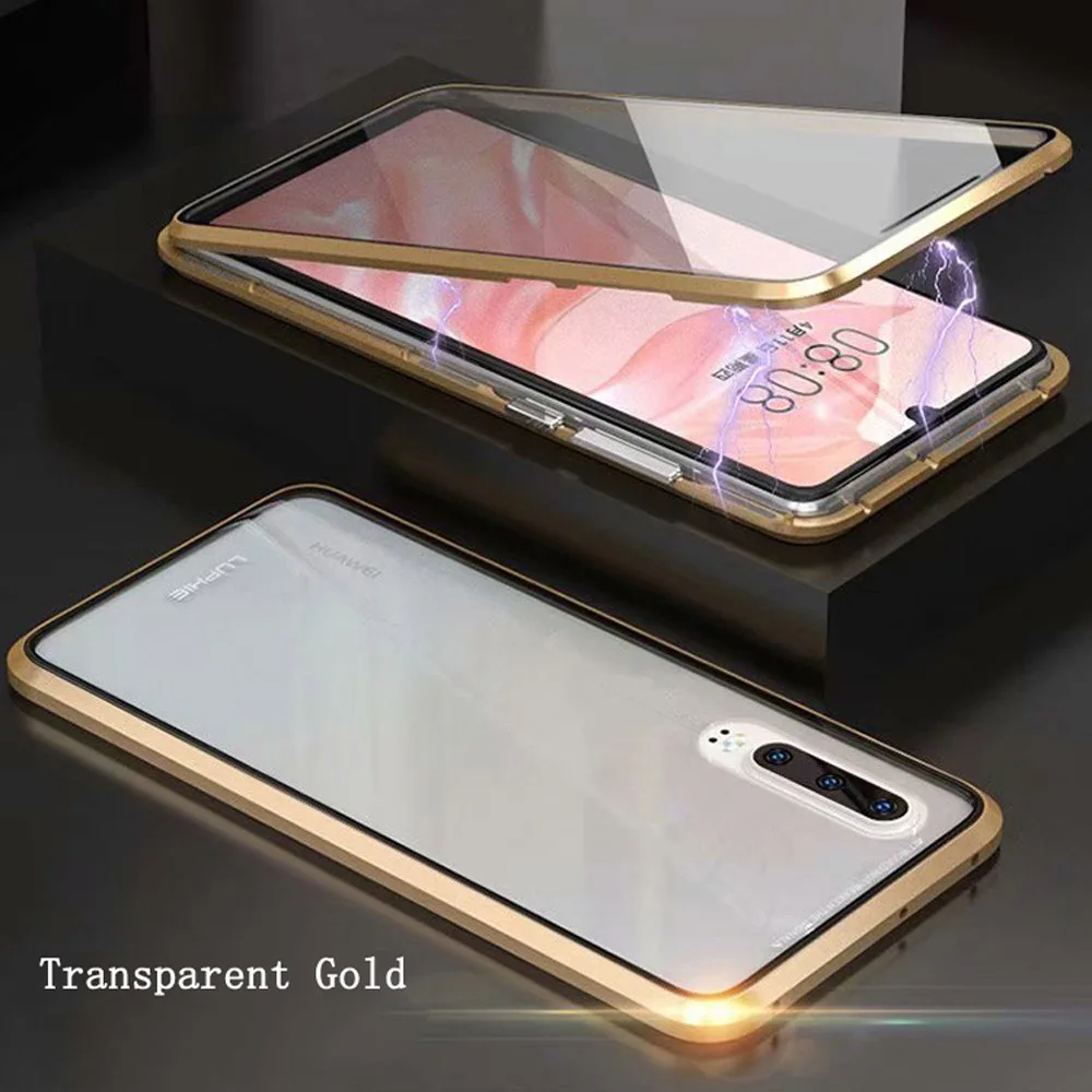 Heyytle обновленная двухсторонняя, для стекла Магнитный чехол для huawei P20 P30 Pro mate 20 металлический магнитный чехол для Honor 10 Y9 360 Полное покрытие - Цвет: Transparent Gold