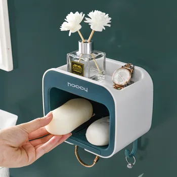 

Double Layer Soap Box with Hooks Wall-Mounted Soap Draining Dish Punch Free Household Soap Drainer Sundries Organizer