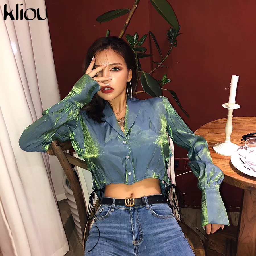 

kliou Fashion Chic Bling Blouses Woman 2019 Party Shirts Cardigan button full Sleeve turn-down collar Autumn tops Cool 2019