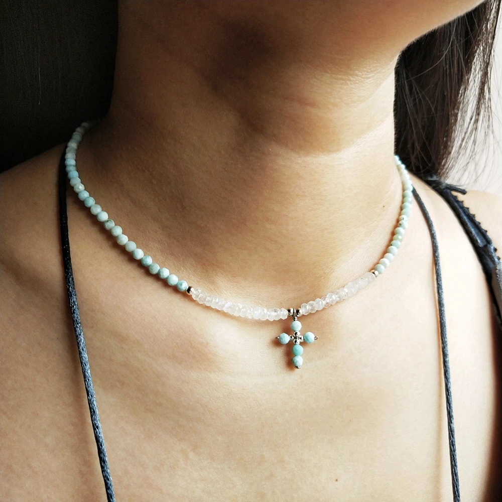 

Lii Ji Genuine Stone Larimar Moonstone S925 Sterling Silver Stone Cross Delicate Necklace For Women Jewelry