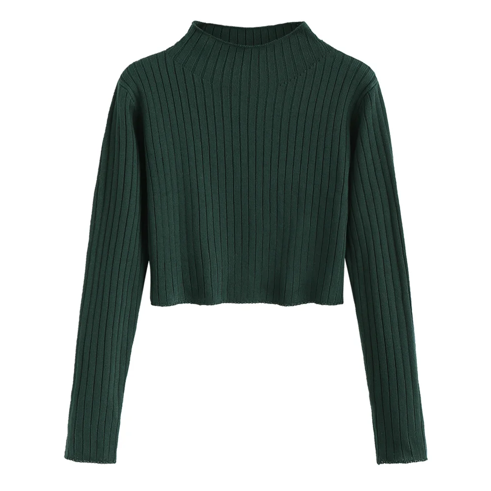 ZAFUL ребристый укороченный свитер с воротником и длинными рукавами, Одноцветный осенне-зимний женский короткий Повседневный пуловер - Цвет: Deep Green